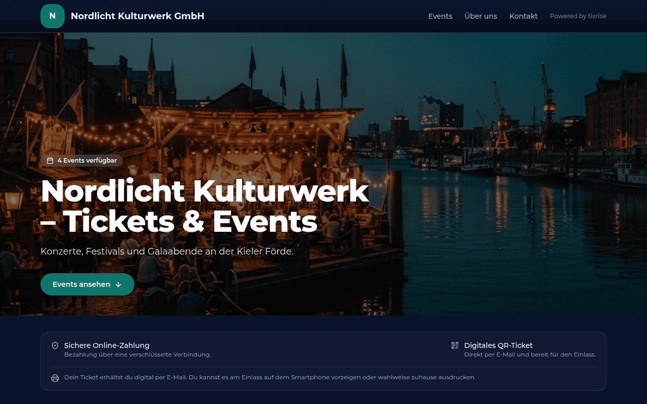 Echter tixrise Demo-Ticketshop von Nordlicht Kulturwerk mit eigenem Branding